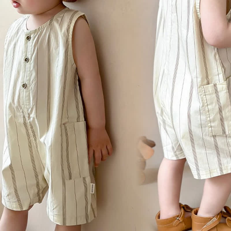 Baby Sleeveless Vertical Striped Beige Romper