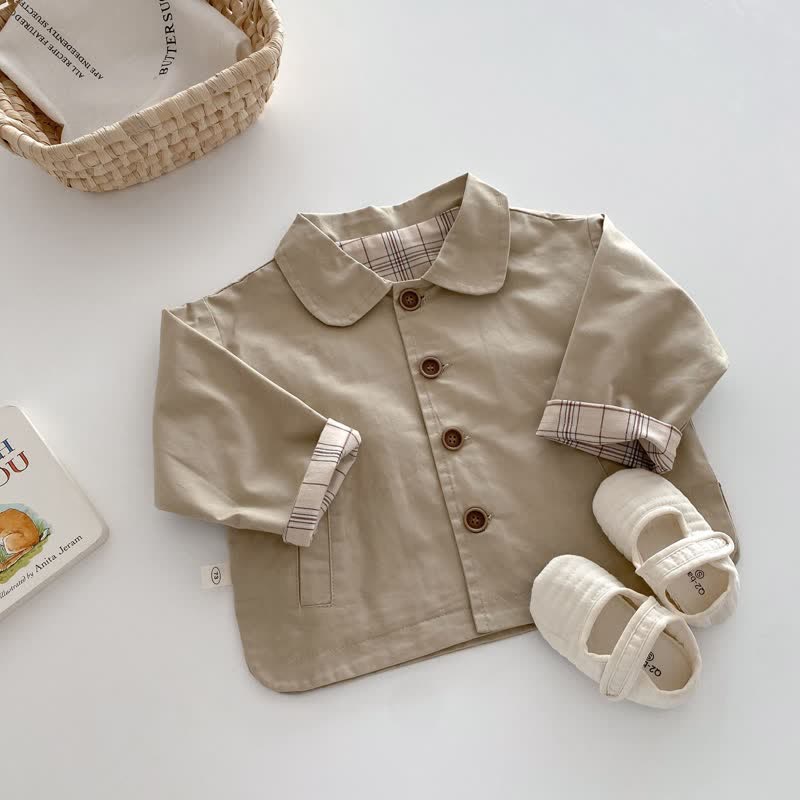 Baby Khaki Plaid Lapels Button Coat