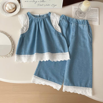 Toddler 2-Piece Lace Denim Sleeveless Set