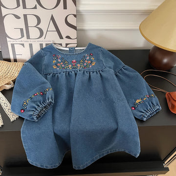 Toddler Embroidered Flower Denim Blue Dress