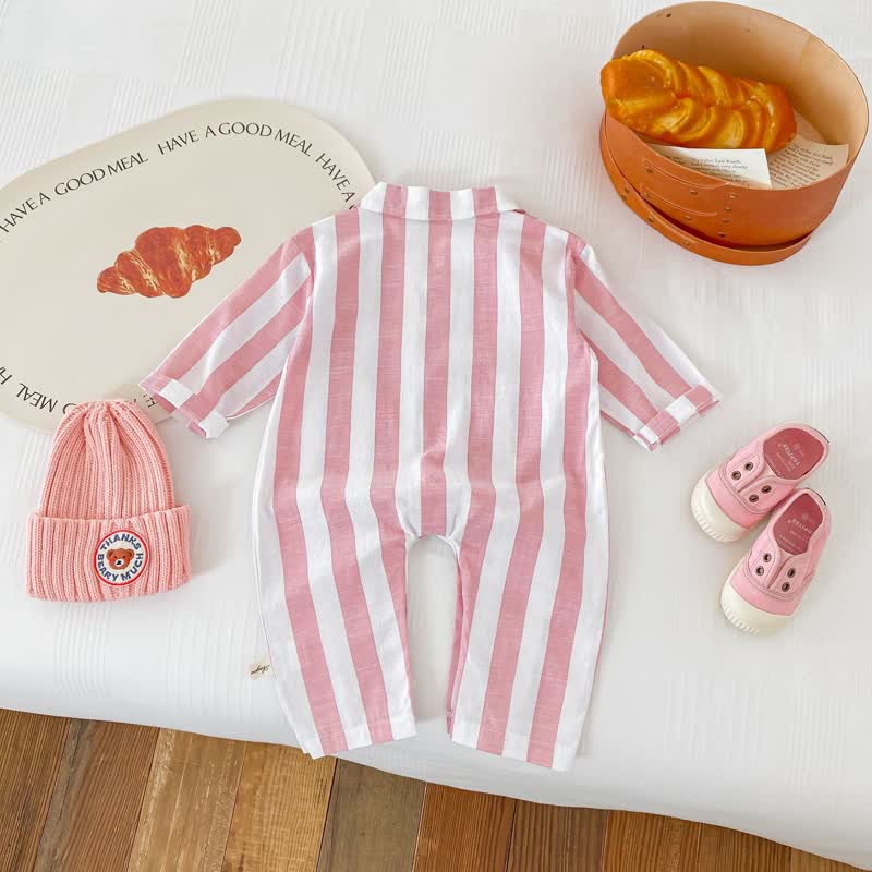 Baby Pink Vertical Striped Pocket Romper