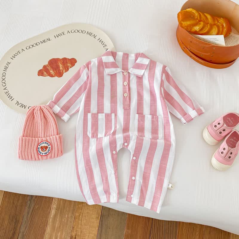 Baby Pink Vertical Striped Pocket Romper