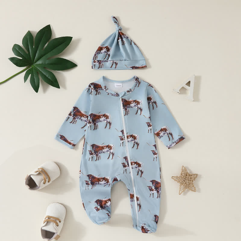 Baby Bull Zipper Romper with Hat