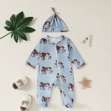 Baby Bull Zipper Romper with Hat