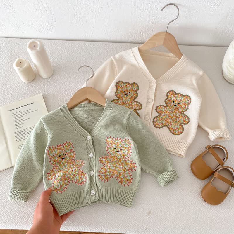 Toddler Embroidered Flower Bear Cardigan