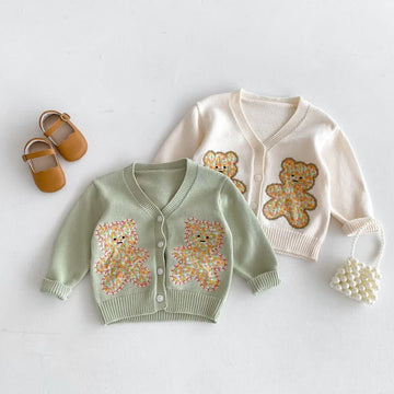 Toddler Embroidered Flower Bear Cardigan