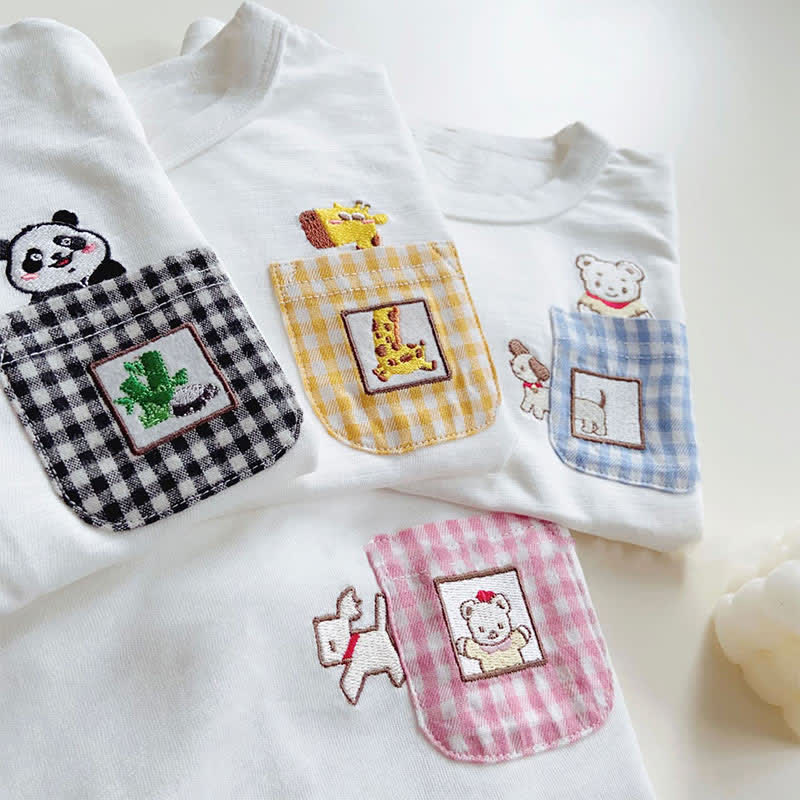 Toddler Animal Plaid Pocket White T-shirt