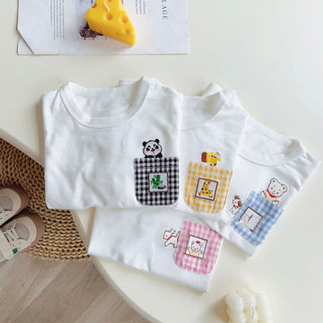 Toddler Animal Plaid Pocket White T-shirt