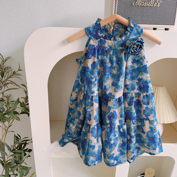 Toddler 3D Rose Blue Sleeveless Dress