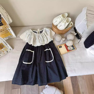 Toddler Flower Lace Collar Dots Dress