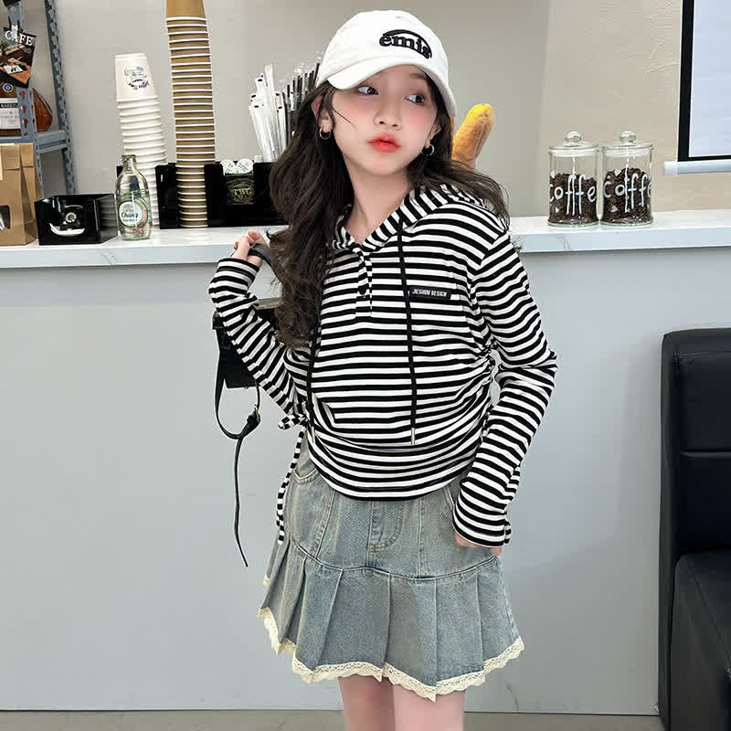 Kid Girl Striped Hooded Pleated Denim Skirt 2-piece Set