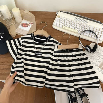 Kid Girl Black White Striped Casual 2-piece Set