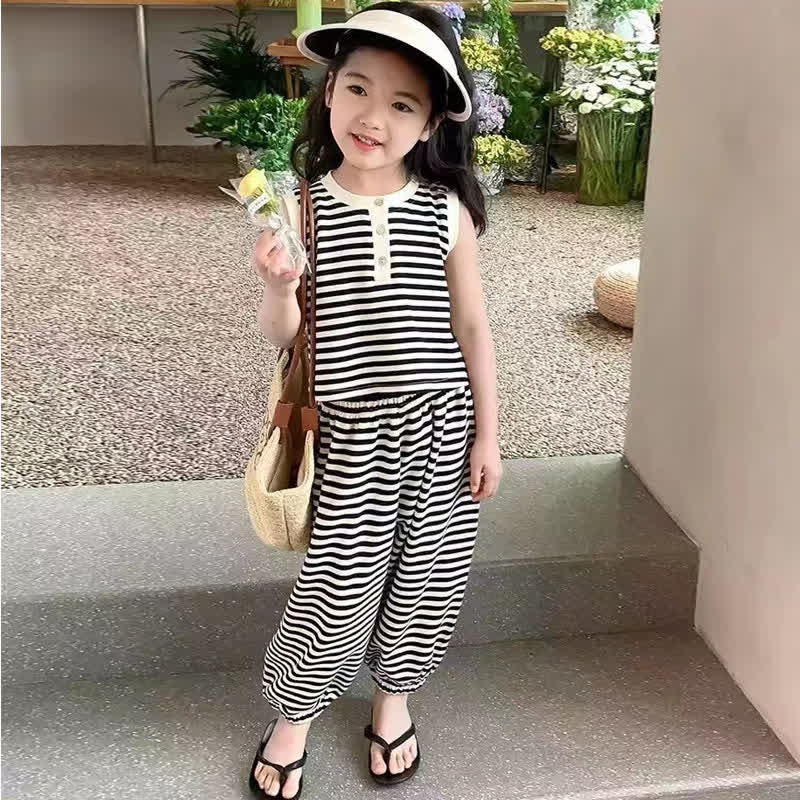 Kid Girl Black White Striped Sleeveless 2-piece Set