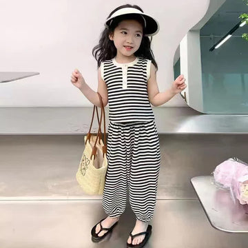 Kid Girl Black White Striped Sleeveless 2-piece Set