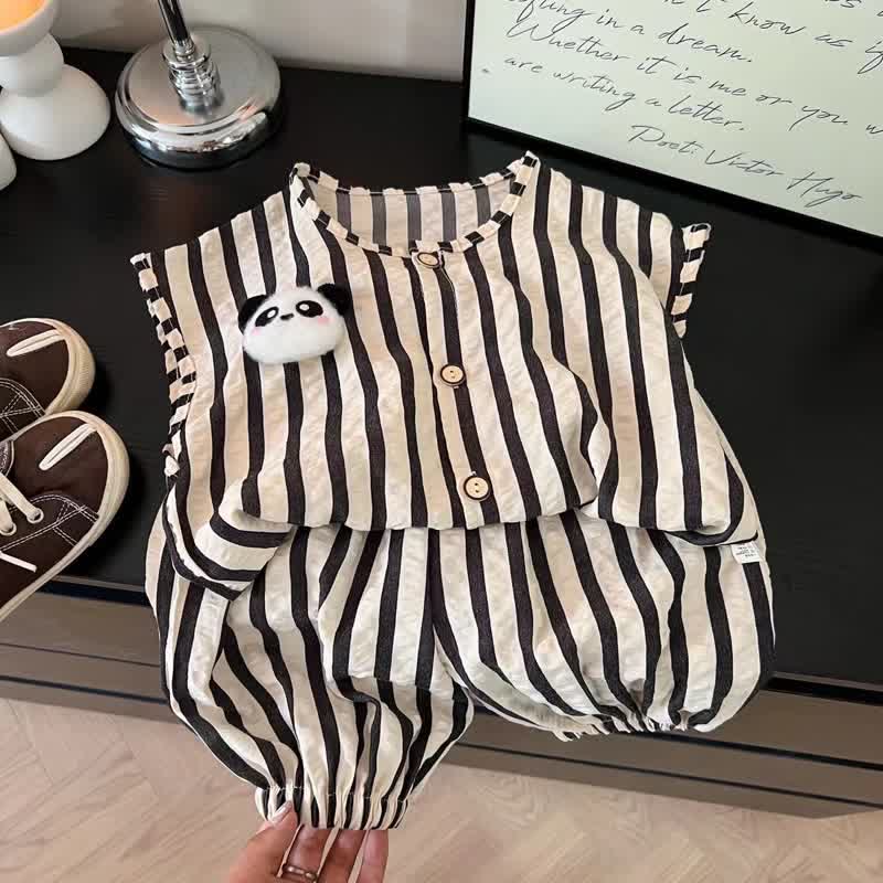 Kid Girl Cute Panda Doll Striped Vest 2-piece Set