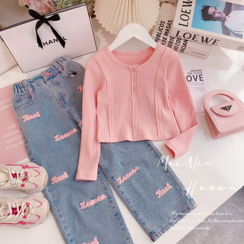 Kid Girl Pink Knitted Top Jeans 2-piece Set