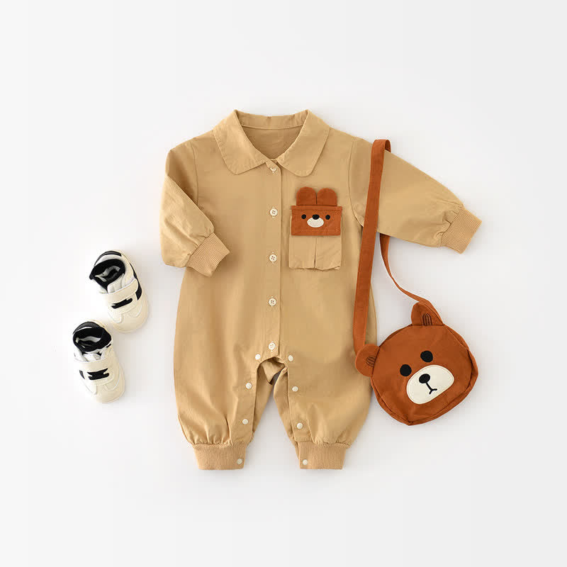 Baby Khaki Bear Polo Romper with Bag