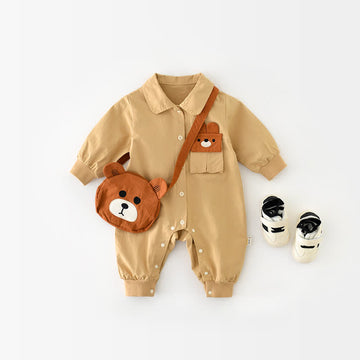 Baby Khaki Bear Polo Romper with Bag