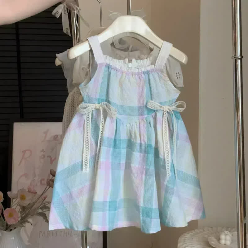 Toddler Blue Plaid Double Bows Dress