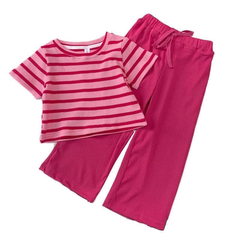 Kid Girl Rose Red Striped Top 2-piece Set