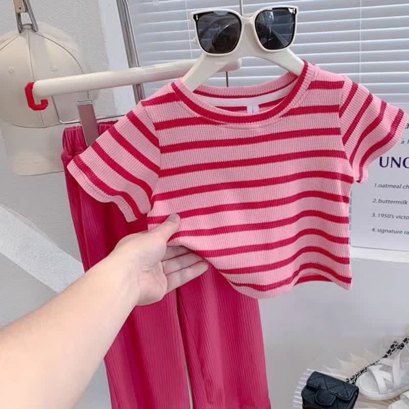 Kid Girl Rose Red Striped Top 2-piece Set