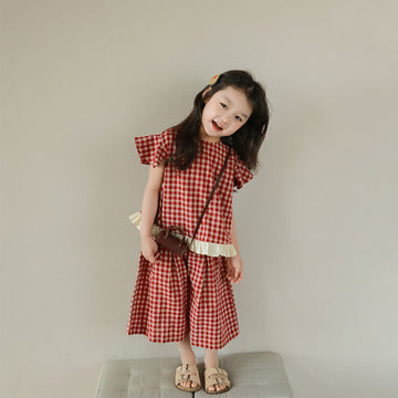 Kid Girl Red Plaid Lace Top 2-piece Set