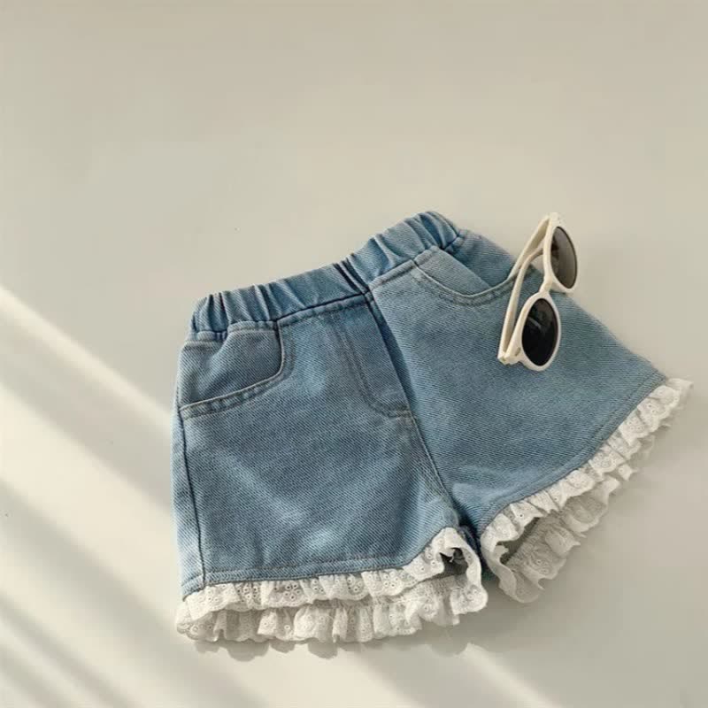 Kid Girl Soft Denim Lace Shorts