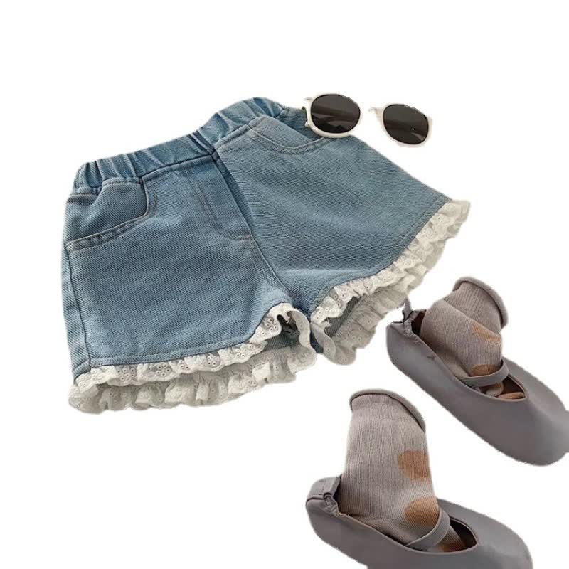 Kid Girl Soft Denim Lace Shorts