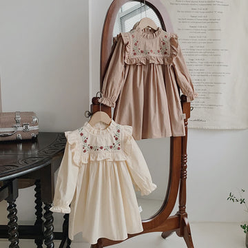 Kid Girl Embroidered Florals Stand Collar Ruffled Dress