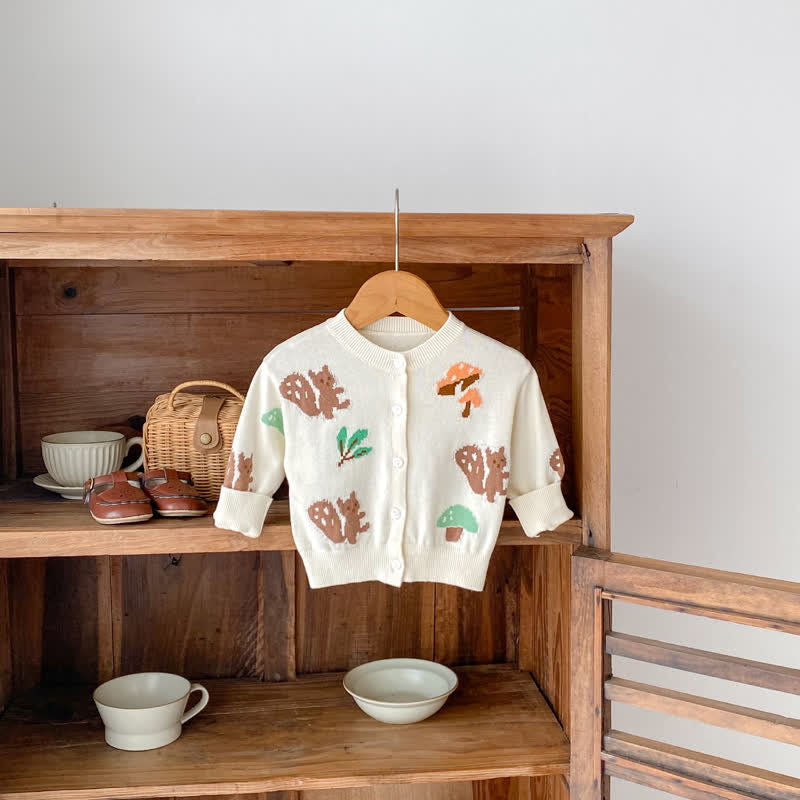 Baby Jacquard Squirrel Mushroom White Cardigan