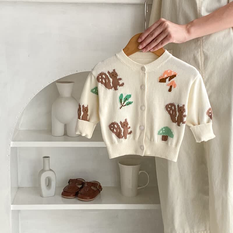 Baby Jacquard Squirrel Mushroom White Cardigan