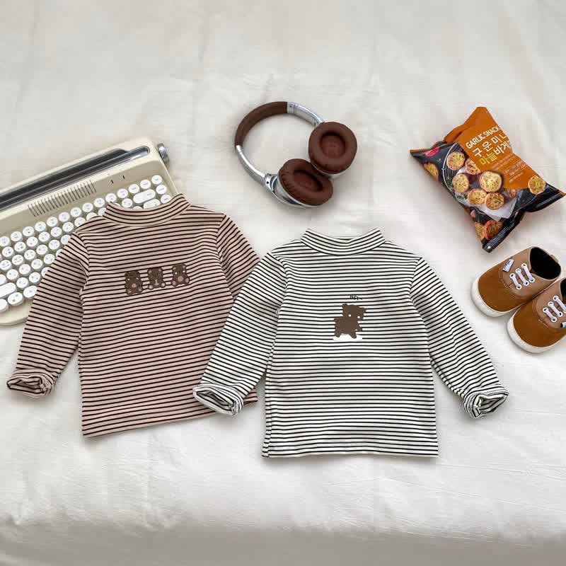 HEY Baby Semi-high Collar Striped Bear T-shirt