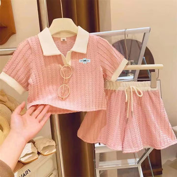 Kid Girl Pink Polo Collar Hemmed Shirt 2-piece Set