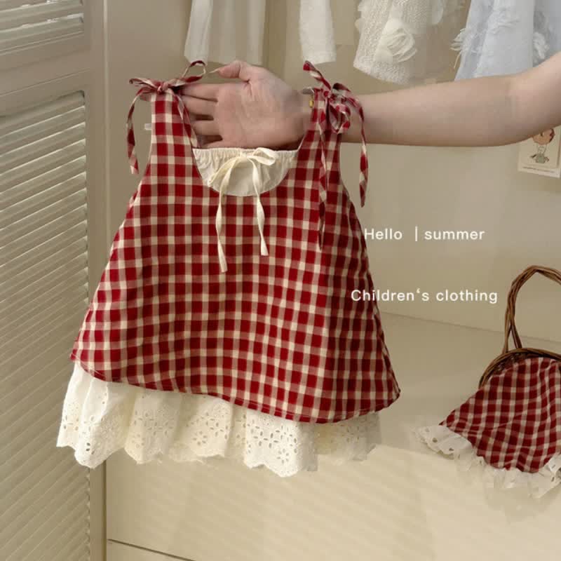 Kid Girl Sleeveless Lace Red Plaid Dress