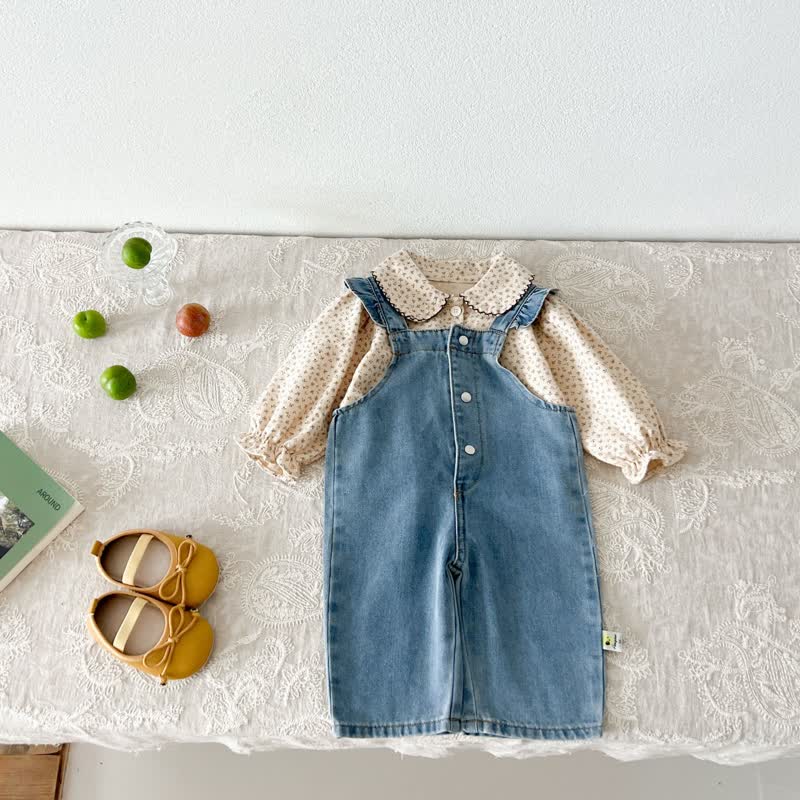 Baby Ruffled Denim Overalls Flower Blouse