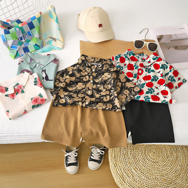 Kid Boy Casual Floral Printed Shirts Shorts 2-piece Set