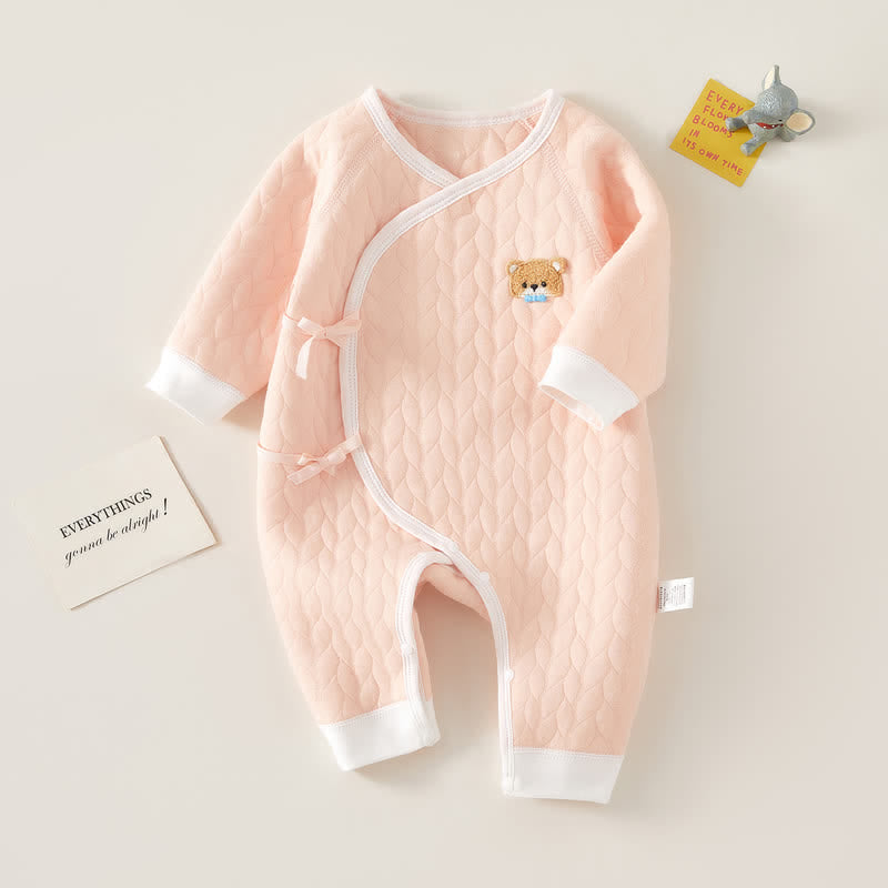 Baby Embroidered Bear Kimono Quilted Romper