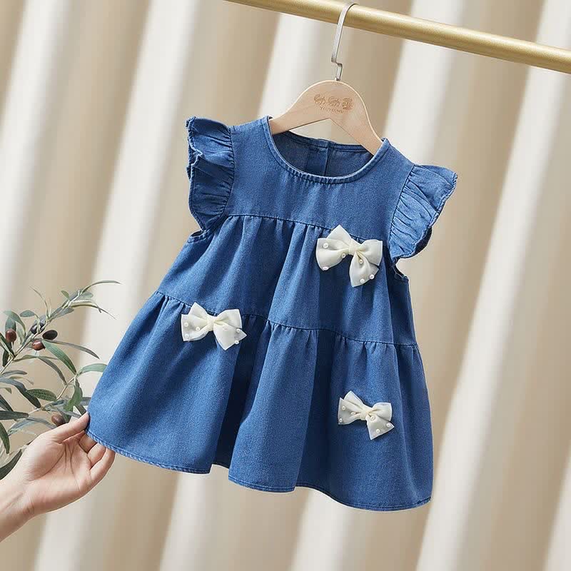 Kid Girl Flying Sleeve Bows Denim Dress