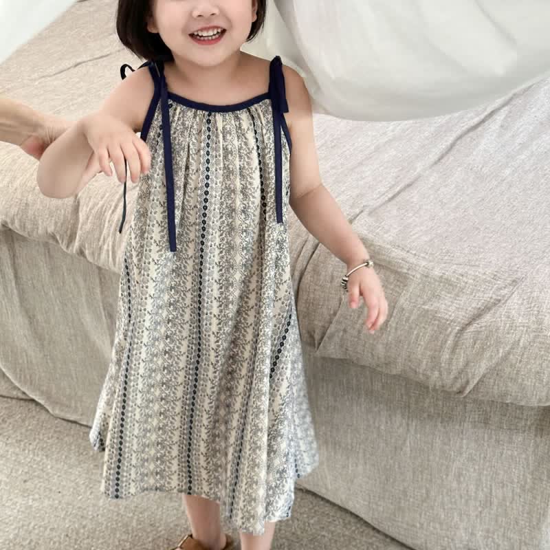 Kid Girl Ribbon-strap Floral Loose Dress