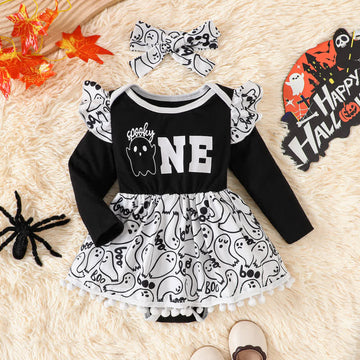 SPOOKY ONE Baby Ruffled Bodysuit with Headband