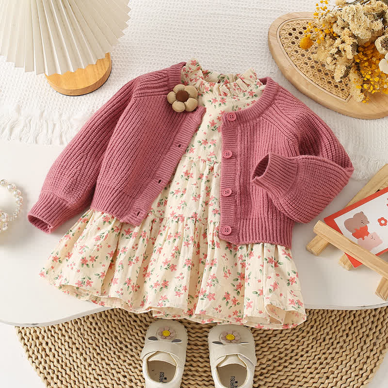 Kid Girl Pink Sweater Jacket Floral Dress