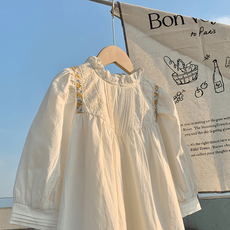 Kid Girl French Pleated Stand Collar Embroidery Dress