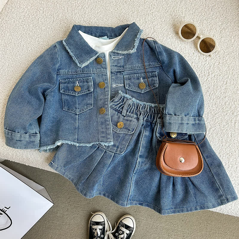 Kid Girl Retro Lapel Denim Jacket Pleated Skirt 2-piece Set