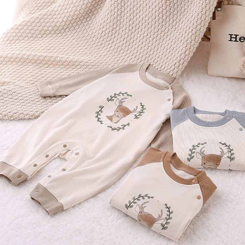 Baby Deer Leaves Contrast Sleeves Romper