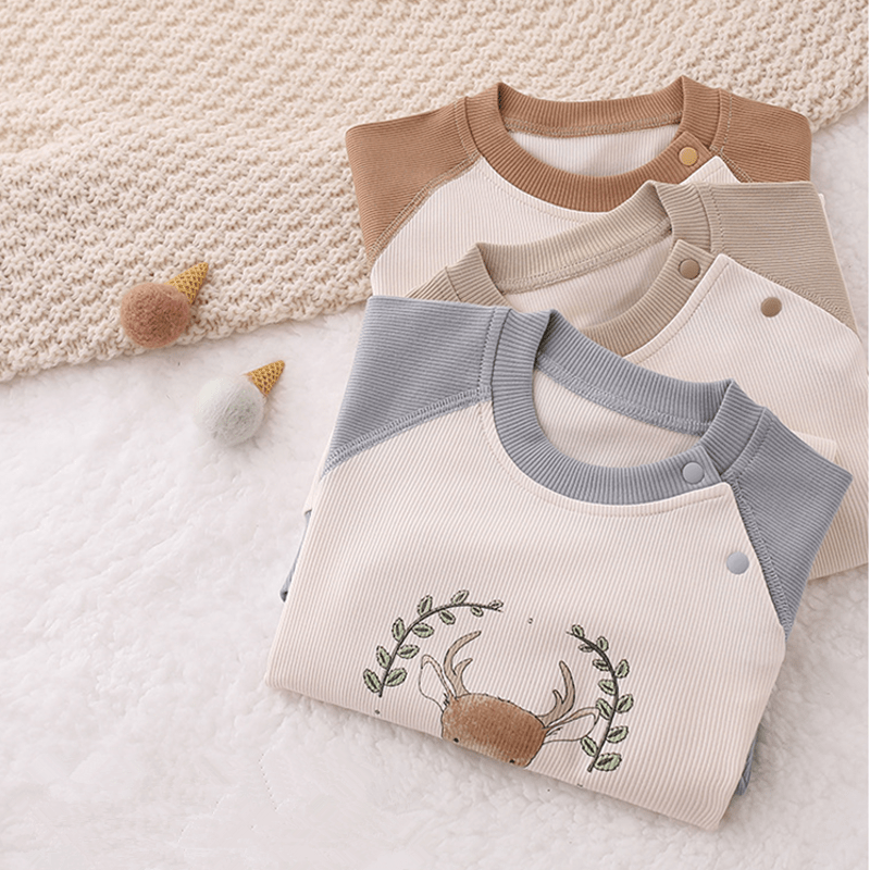 Baby Deer Leaves Contrast Sleeves Romper