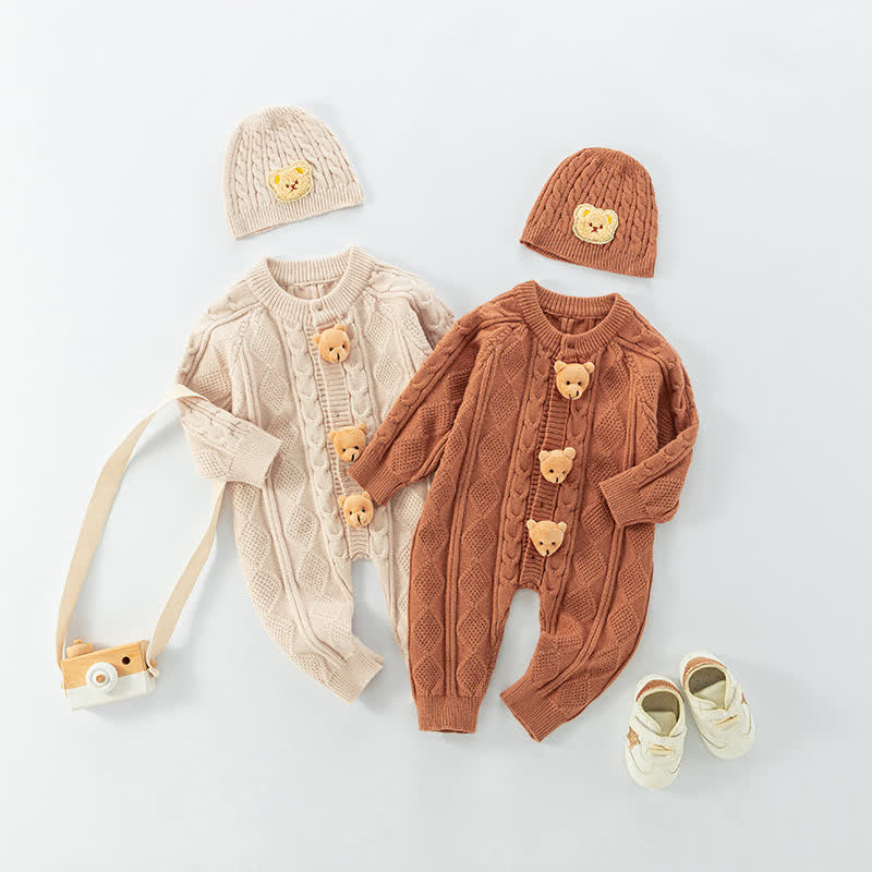 Baby 3D Bear Knitted Romper with Hat