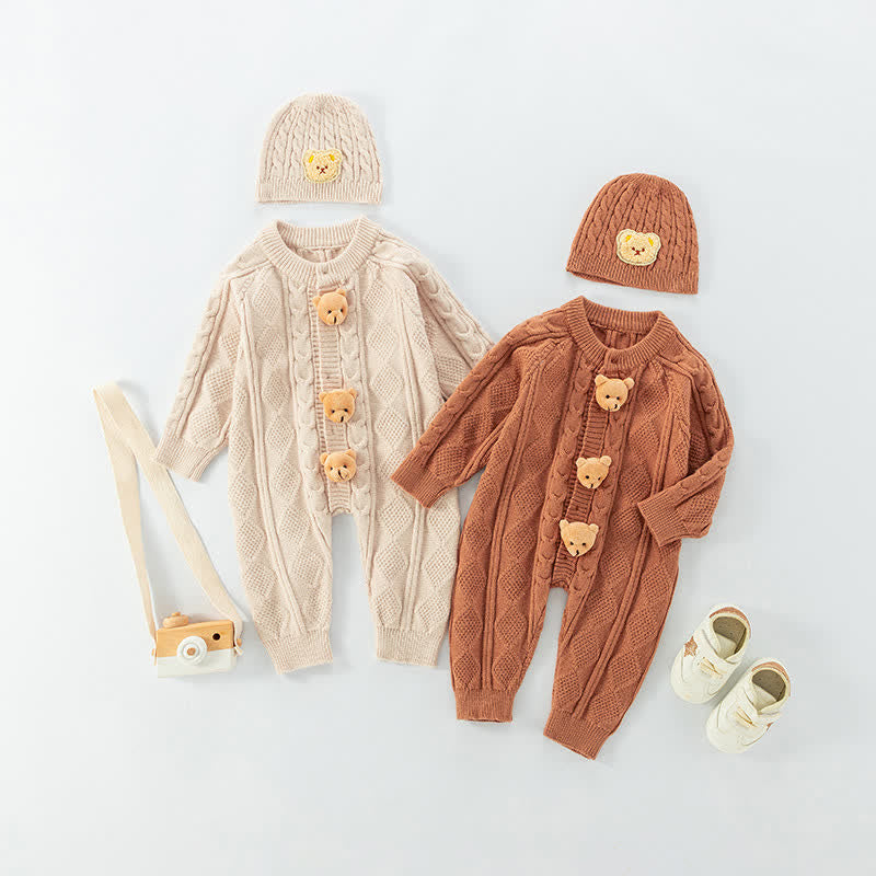 Baby 3D Bear Knitted Romper with Hat