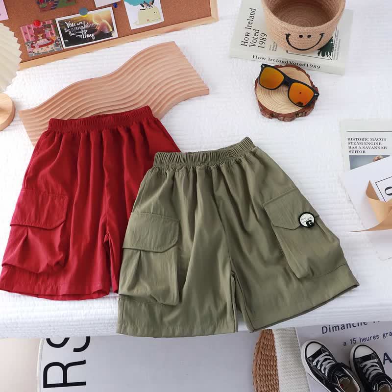 Kid Boy Solid Color Large Pockets Cargo Shorts