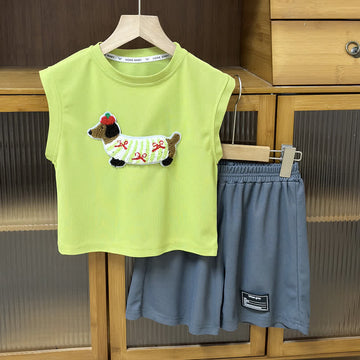 Kid Boy Dog Embroidered Tank Vest Shorts 2-piece Set