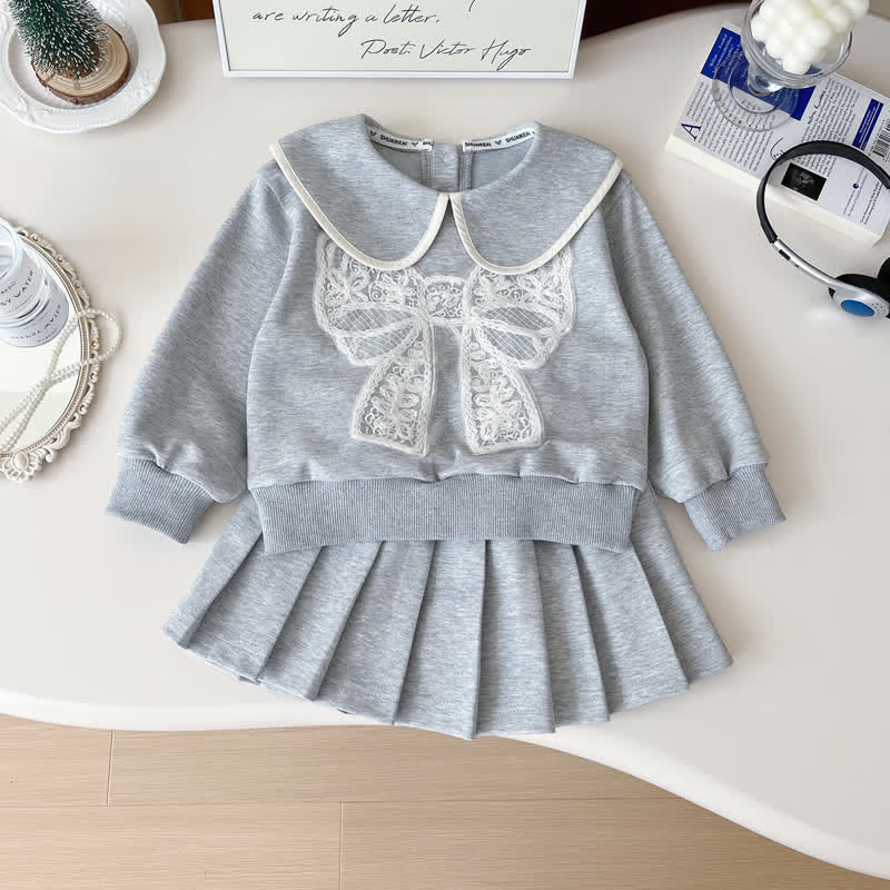 Kid Girl Lapel Bow Sweatshirt Pleated Skirt 2-piece Set